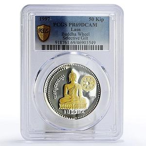 Laos 50 kip Religion Buddhism Buddha Wheel PR69 PCGS gilded silver coin 1997