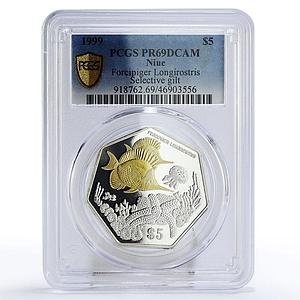 Niue 5 dollars Marine Life Butterfly Fish PR69 PCGS gilded silver coin 1999