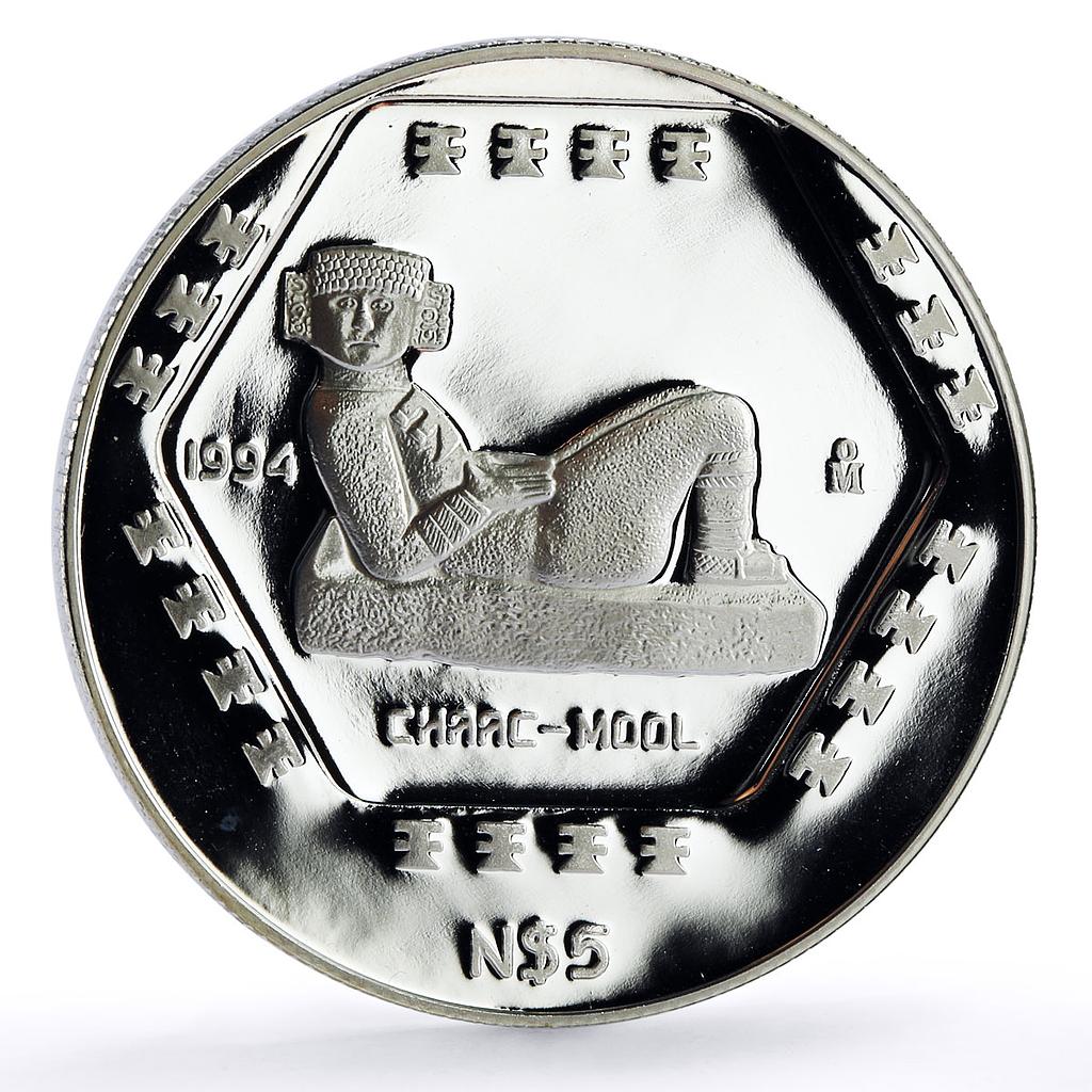 Mexico 5 pesos Precolombina Chaac Mool Statue Sculpture proof silver coin 1994