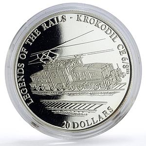 Liberia 20 dollars Trains Railway Locomotive Krokodil CE silver coin 2001