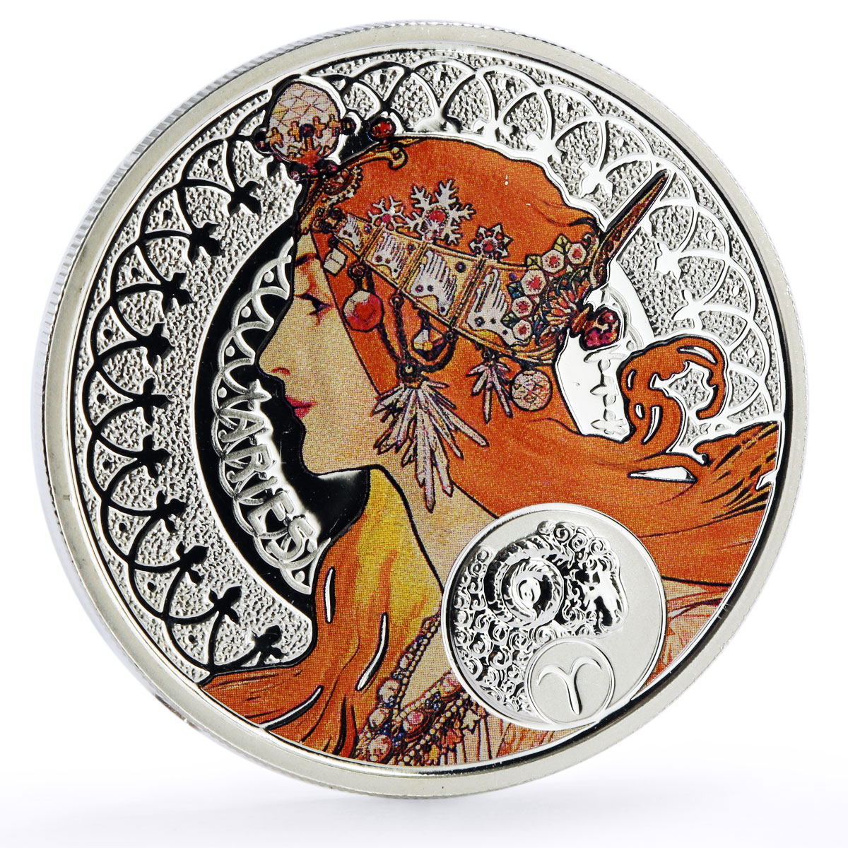 Niue 1 dollar Alphonse Mucha Zodiac Signs series Aries colored silver coin 2011