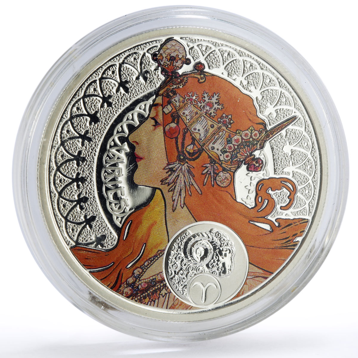 Niue 1 dollar Alphonse Mucha Zodiac Signs series Aries colored silver coin 2011