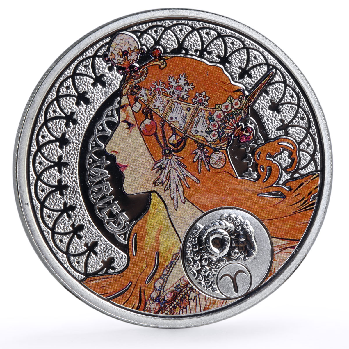 Niue 1 dollar Alphonse Mucha Zodiac Signs series Aries colored silver coin 2011