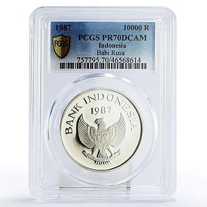 Indonesia 10000 rupiah World Wildlife Wild Pig Fauna PR70 PCGS silver coin 1987