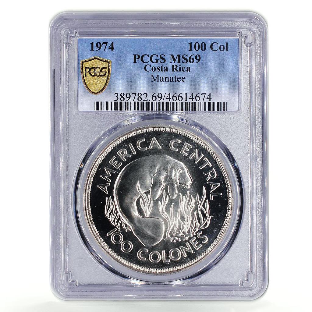 Costa Rica 100 colones Wildlife Conservation Manatee MS69 PCGS silver coin 1974