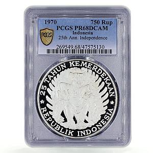 Indonesia 750 rupiah 25th Anniversary of Independece PR68 PCGS silver coin 1970