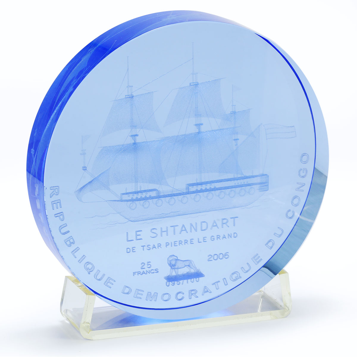 Congo 25 francs Le Shtandart Tsar Pierre Grand Ship Clipper acrylic coin 2006