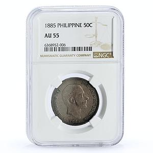 Philippines 50 centimos King Alfonso XII Coat of Arms AU55 NGC silver coin 1885