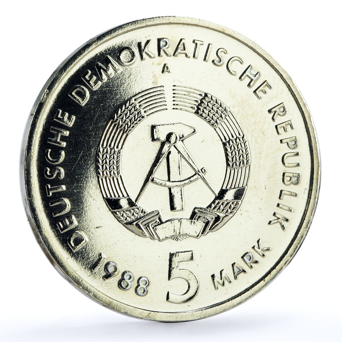 Germany DDR 5 mark Trains Railways Saxonia Steam Locomotive NiBrass coin 1988