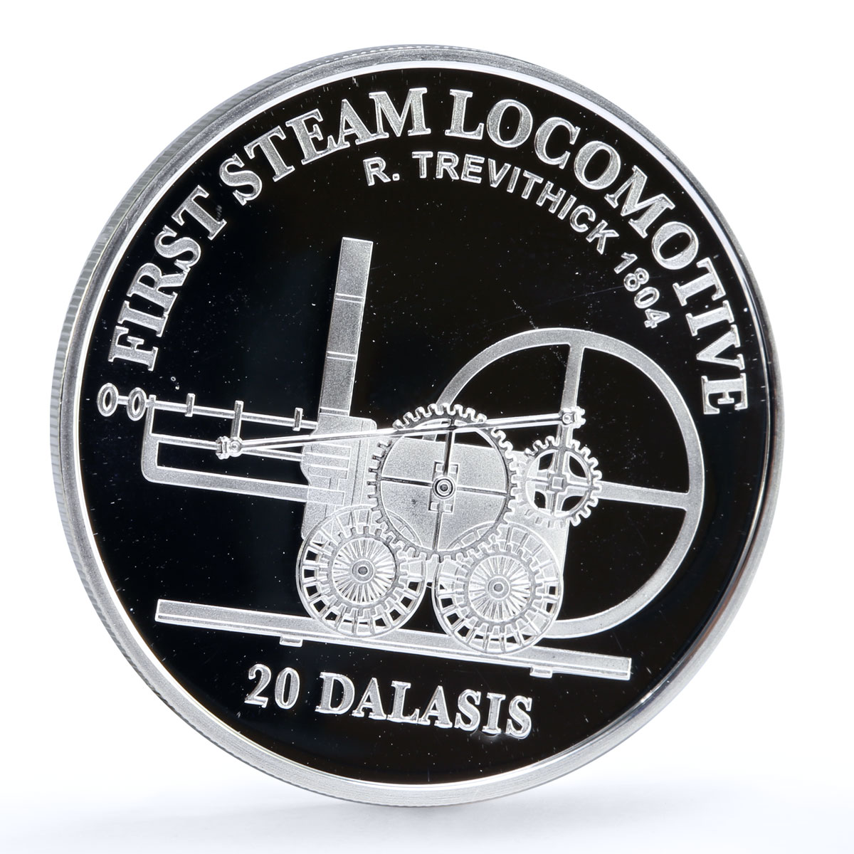 Gambia 20 dalasis Trains Railways 1st Trevithick Steam Locomotive Ag coin 2014