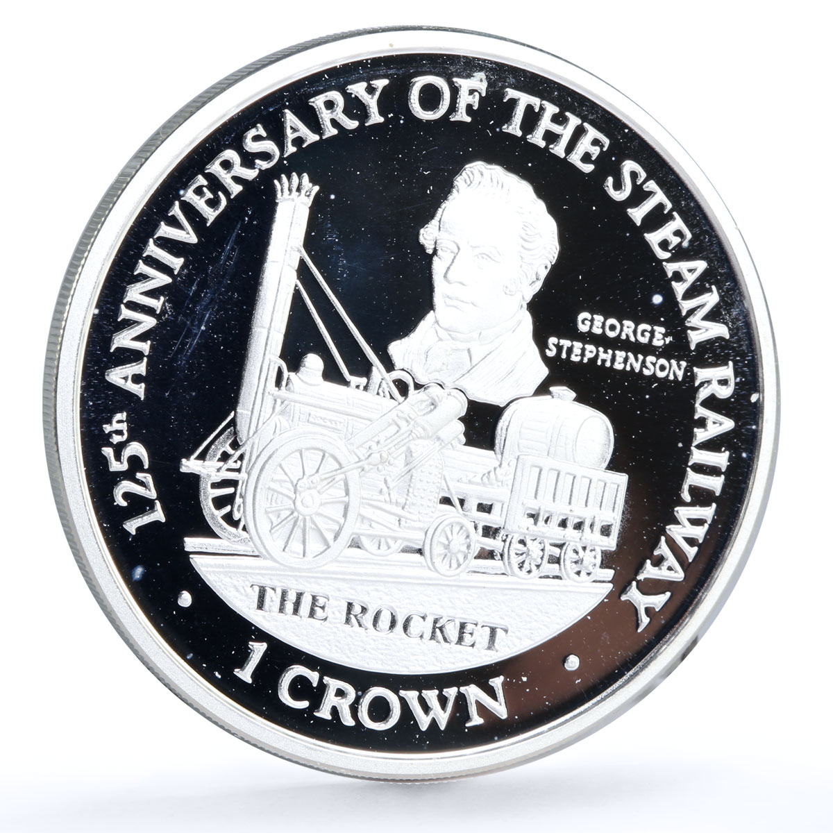 Isle of Man 1 crown Trains Railways Rocket Steam Locomotive silver coin 1998