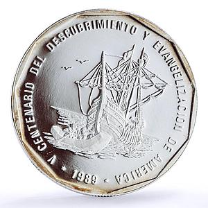 Dominican Republic 1 peso Discovery of America Ship Clipper Landing Ag coin 1989