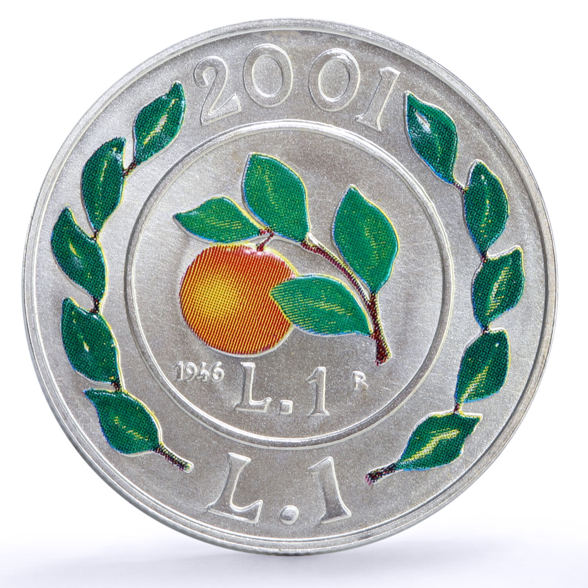 Italy 1 lira 1946 Edition Apple Branch Coat of Arms KM-219 colored Ag coin 2001