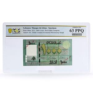 Lebanon 1000 livres Red Arabic Overprint Cedar Tree PPQ63 PCGS UNC banknote 2011