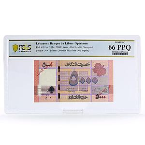 Lebanon 5000 livres Red Arabic Overprint Cedar Tree PPQ66 PCGS UNC banknote 2014