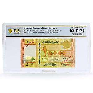 Lebanon 10K livres Red Arabic Overprint Cedar Tree PPQ68 PCGS UNC banknote 2014