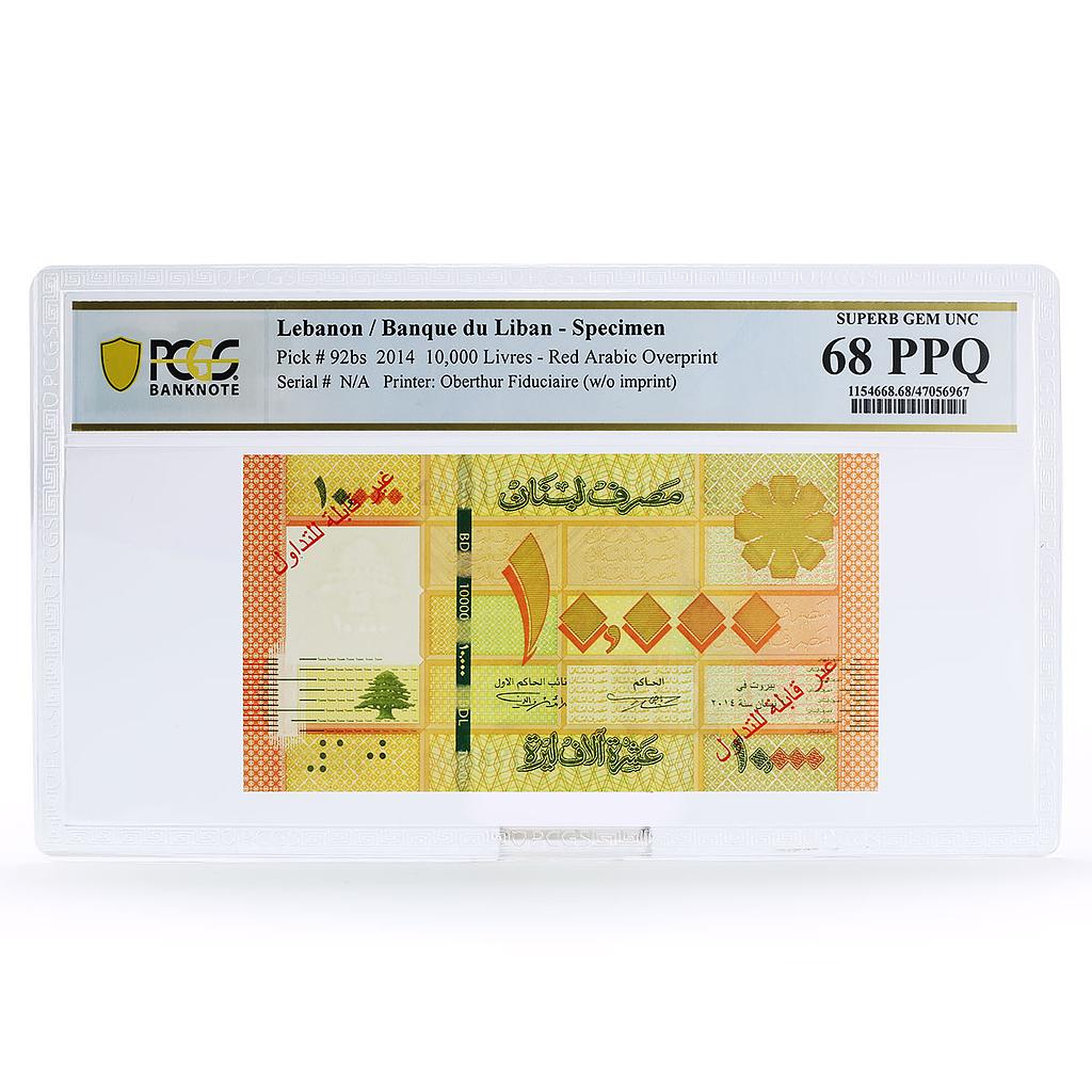 Lebanon 10K livres Red Arabic Overprint Cedar Tree PPQ68 PCGS UNC banknote 2014