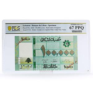 Lebanon 100K livres Red Arabic Overprint Cedar Tree PPQ67 PCGS UNC banknote 2020