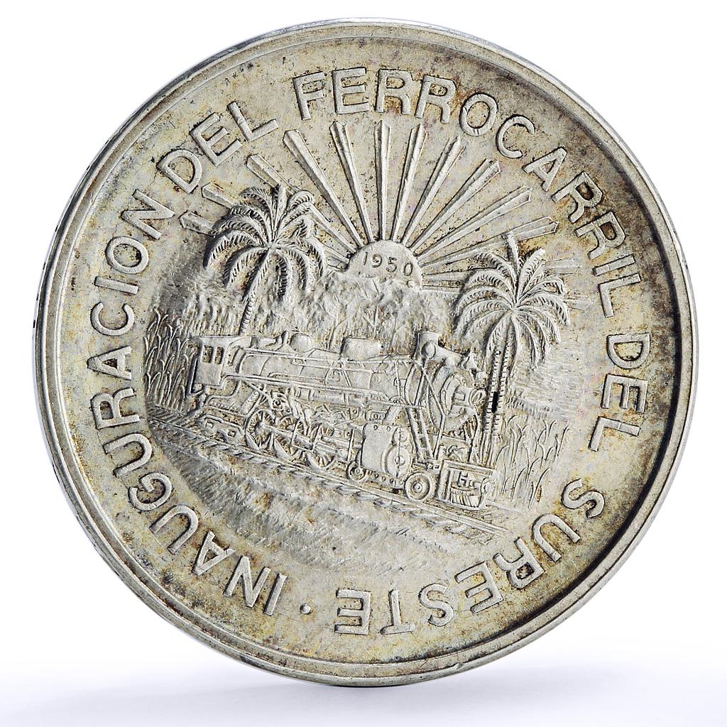 Mexico 5 pesos Opening of Southeastern Railroad Trains Railways silver coin 1950