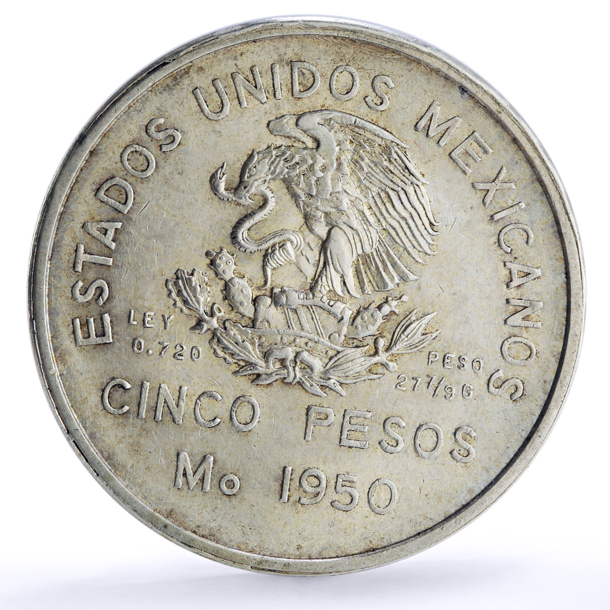 Mexico 5 pesos Opening of Southeastern Railroad Trains Railways silver coin 1950