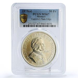 Monaco 50 francs 25 Years Prince Rainier 3 Reign Politics MS67 PCGS Ag coin 1975