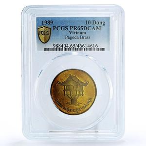 Vietnam 10 dong Pagoda Temple Buildings Architecture PR65 PCGS brass coin 1989
