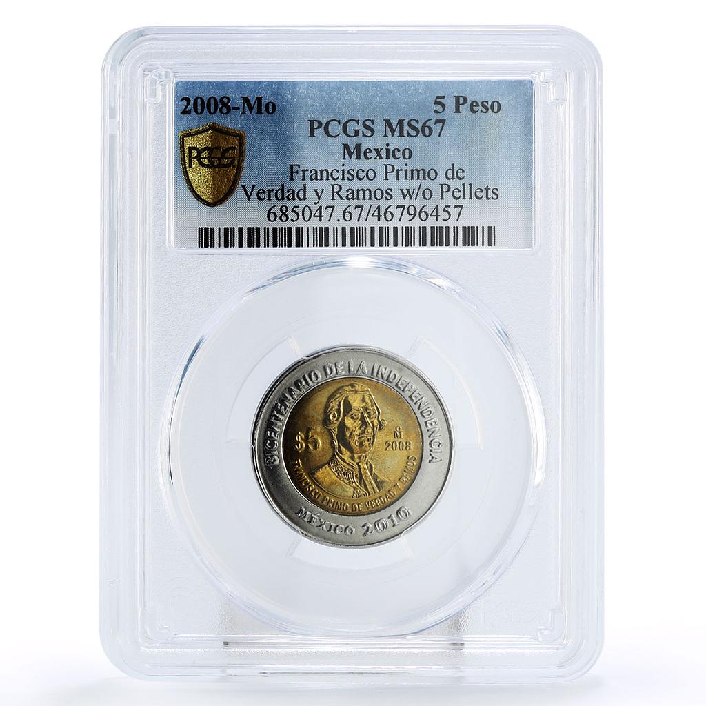 Mexico 5 pesos Francisco Primo Verdad Ramos No Dots MS67 PCGS bimetal coin 2008
