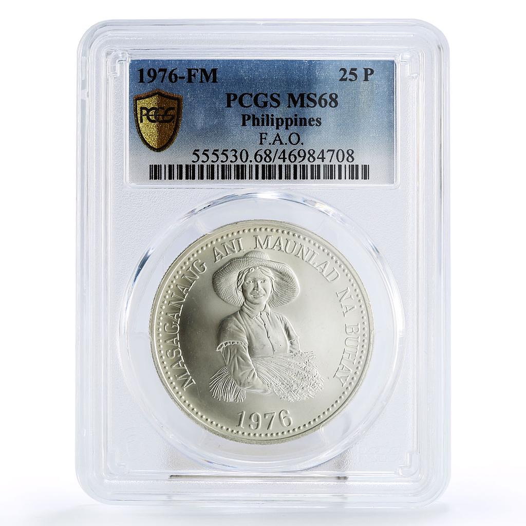 Philippines 25 piso FAO Food Day Woman Holding Grain MS68 PCGS silver coin 1976