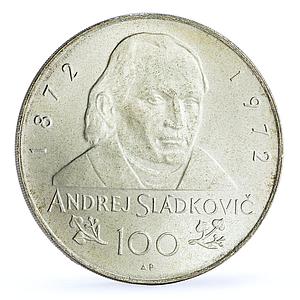 Czechoslovakia 100 Years Poet Andrej Sladkovic Literature silver medal coin 1972