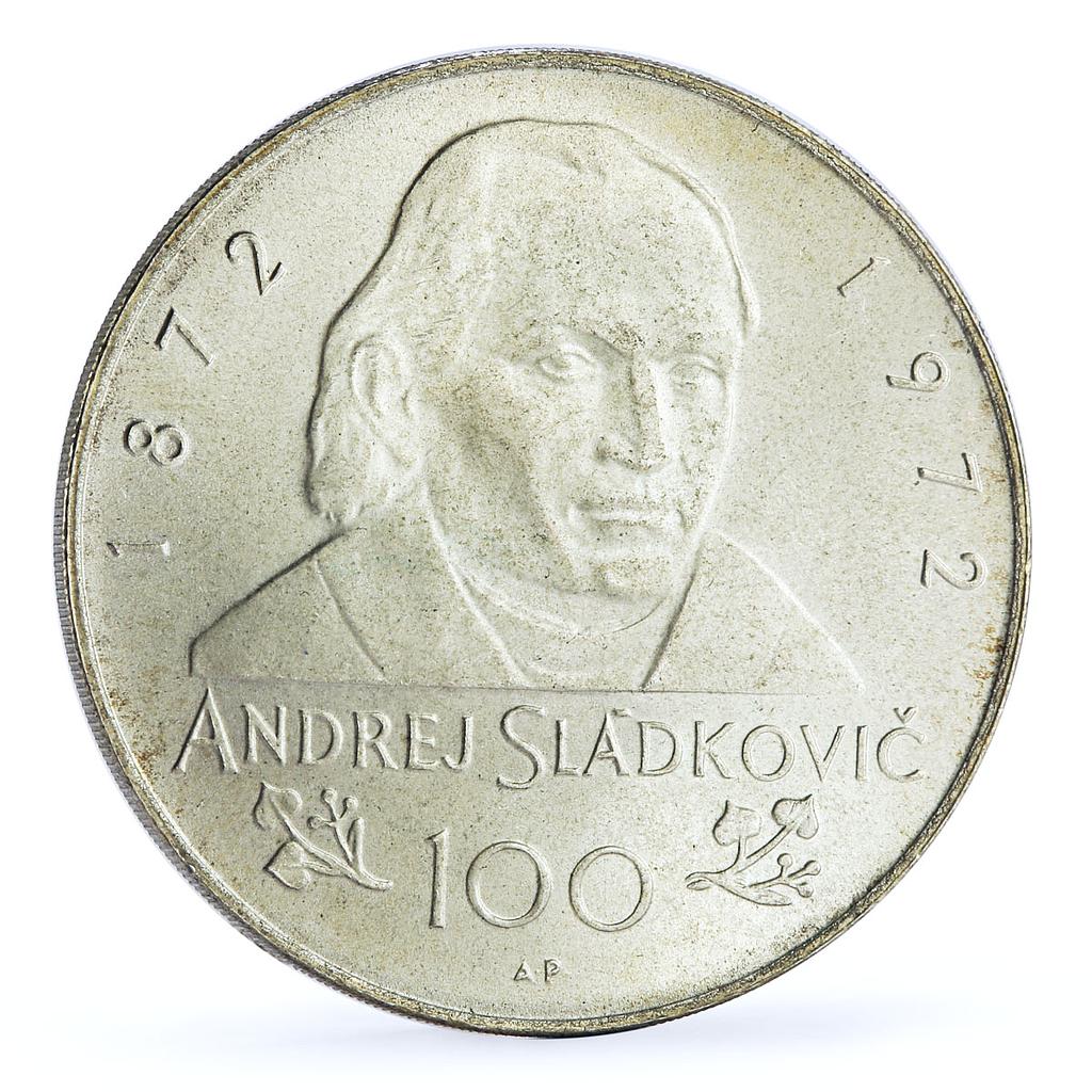 Czechoslovakia 100 Years Poet Andrej Sladkovic Literature silver medal coin 1972