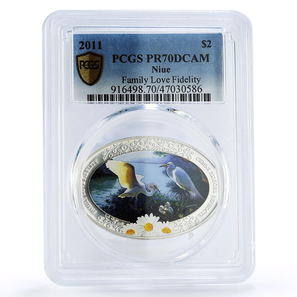 Niue 2 dollars Family Love Fidelity Storks Birds Fauna PR70 PCGS Ag coin 2011