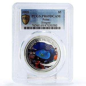 Palau 5 dollars Marine Life Protection Stingray Fish PR69 PCGS silver coin 2005