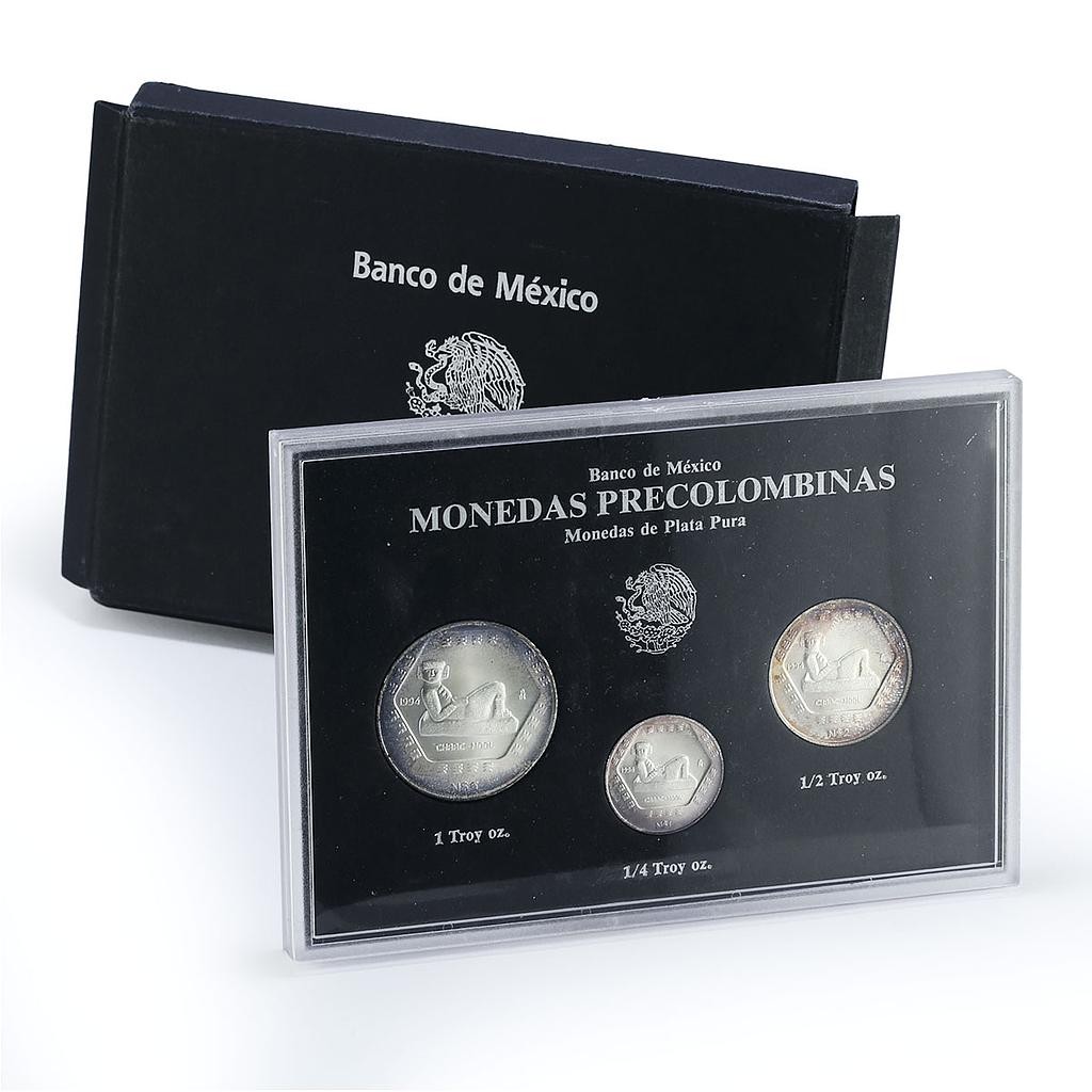 Mexico set of 3 coins Precolombina Chaac Mool Statue Sculpture silver coins 1994