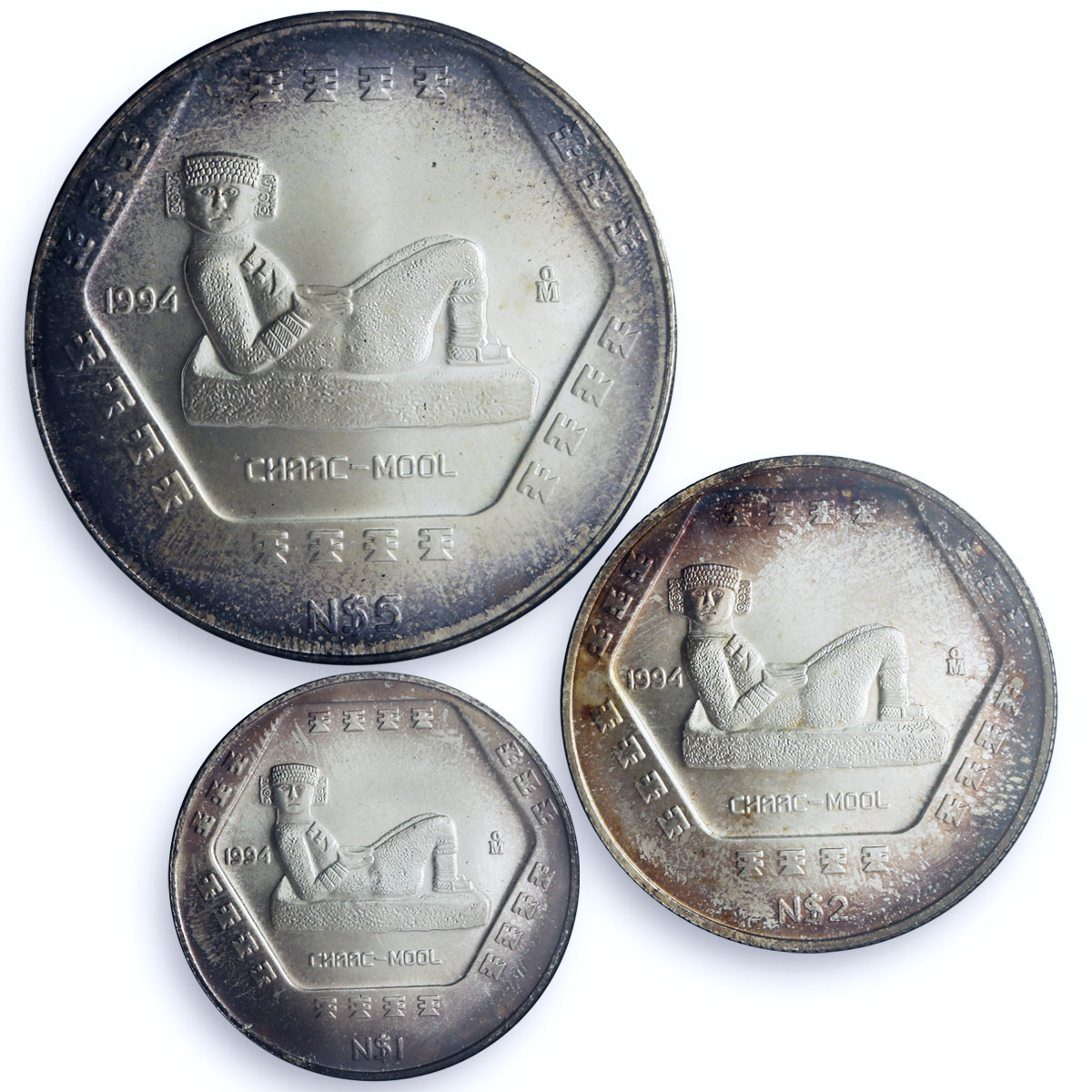 Mexico set of 3 coins Precolombina Chaac Mool Statue Sculpture silver coins 1994