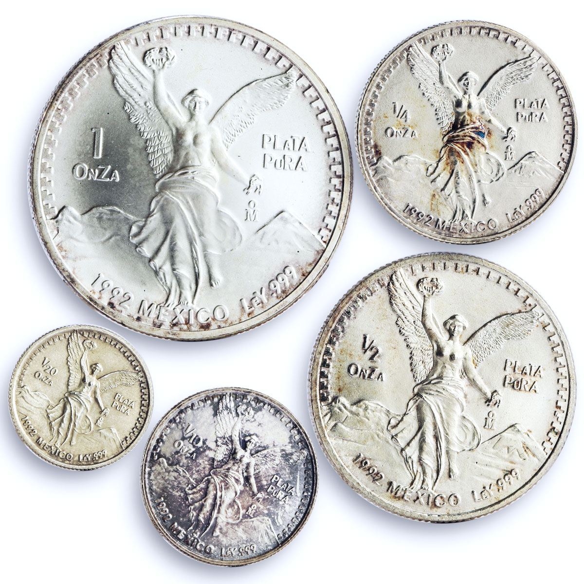 Mexico set of 5 coins Libertad Angel of Independence silver coins 1992