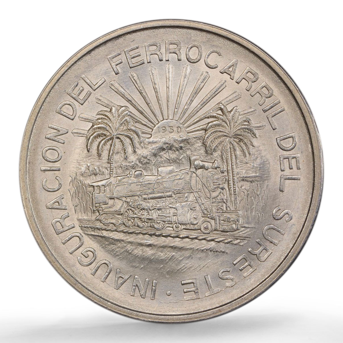 Mexico 5 pesos Opening Southeastern Railroad Train UNC Detail PCGS Ag coin 1950