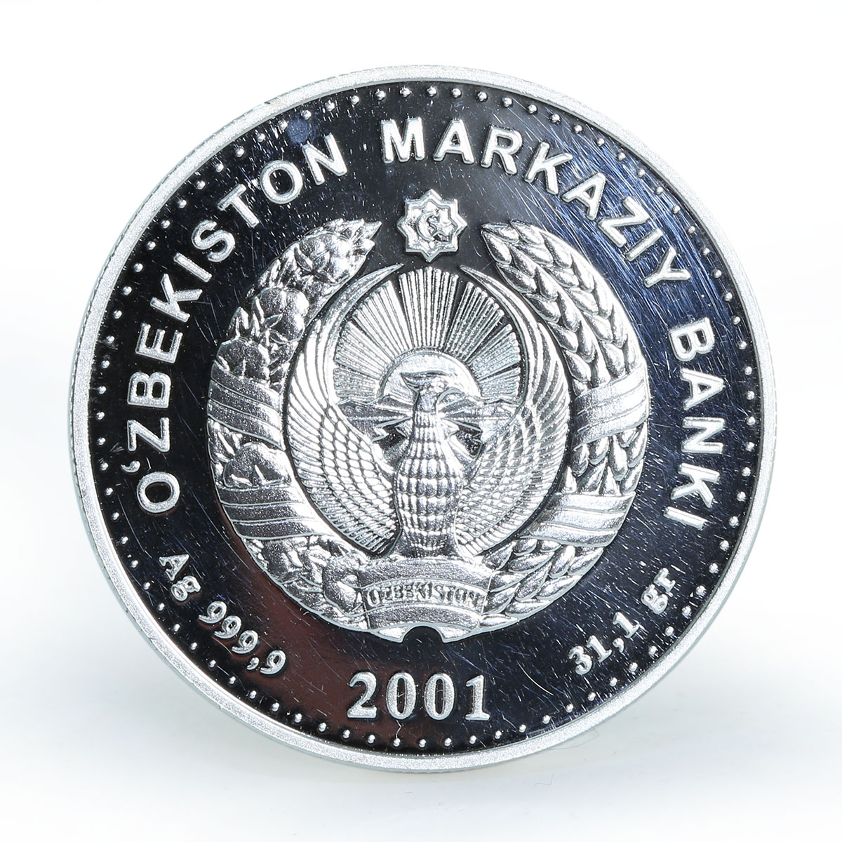 Uzbekistan 100 Som Football player silver coin 2001
