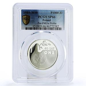 Poland 1000 zlotych United Nations UN Dove Bird SP66 PCGS proba silver coin 1985
