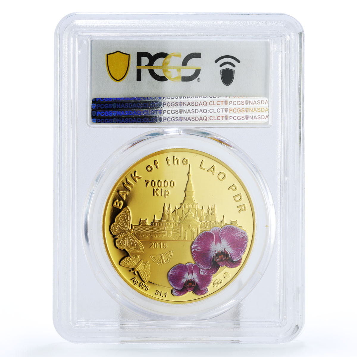 Laos 70000 kip Butterfly Flowers Hologram  PL69 PCGS silver coin 2015