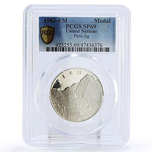 Peru United Nations UN Machu Picchu City Architecture SP69 PCGS Ag medal 1982
