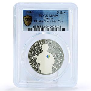 Ukraine 5 hryvnias Ukraine Starts with You Soldier People MS69 PCGS Ni coin 2016