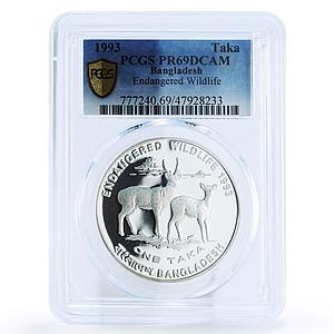 Bangladesh 1 taka Endangered Wildlife Two Deers Fauna PR69 PCGS silver coin 1993