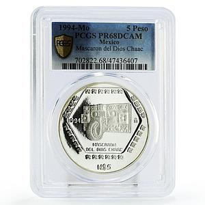 Mexico 5 pesos Precolombina Mascaron Del Dios Chaac PR68 PCGS silver coin 1994