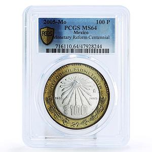 Mexico 100 pesos Monetary Reform Liberty Cap MS64 PCGS bimetal coin 2005