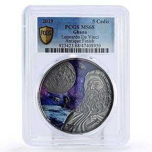 Ghana 5 cedis Leonardo Da Vinci Space Moon Meteorites MS68 PCGS silver coin 2019