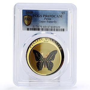 Palau 5 dollars Pacific Wildlife Green Butterfly Fauna PR69 PCGS Ag coin 2008