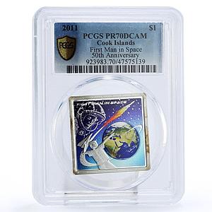 Cook Islands 1 $ First Man in Space Gagarin Vostok Rocket PR70 PCGS Ag coin 2011