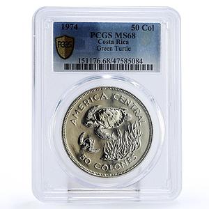 Costa Rica 50 colones Conservation Green Turtle MS68 PCGS silver coin 1974