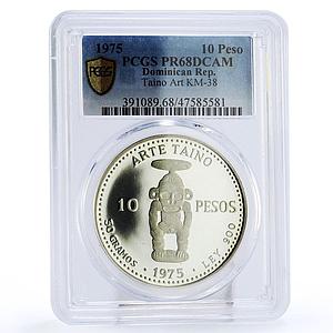 Dominican Republic 10 pesos Pueblo Viejo Mine Taino Art PR68 PCGS Ag coin 1975