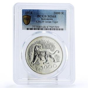 Indonesia 2000 rupiah Conservation Javan Tiger Fauna MS68 PCGS silver coin 1974